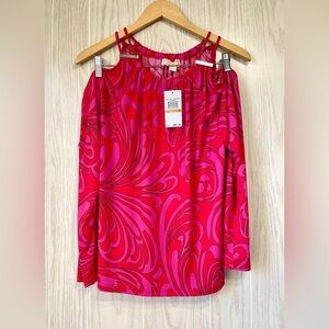 MICHAEL KORS women's Radiant Pink Retro Print Cold Shoulder Blouse Size S NWT